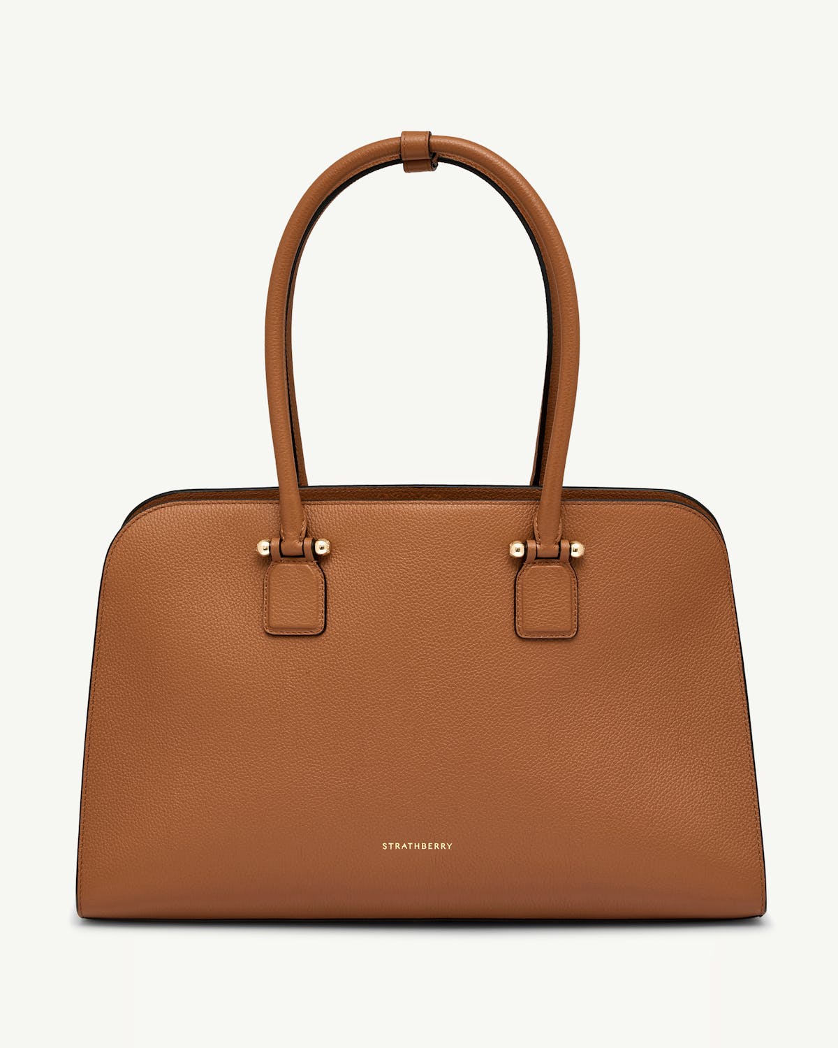 Tan Georgia Maxi tote with top handles and Strathberry logo.