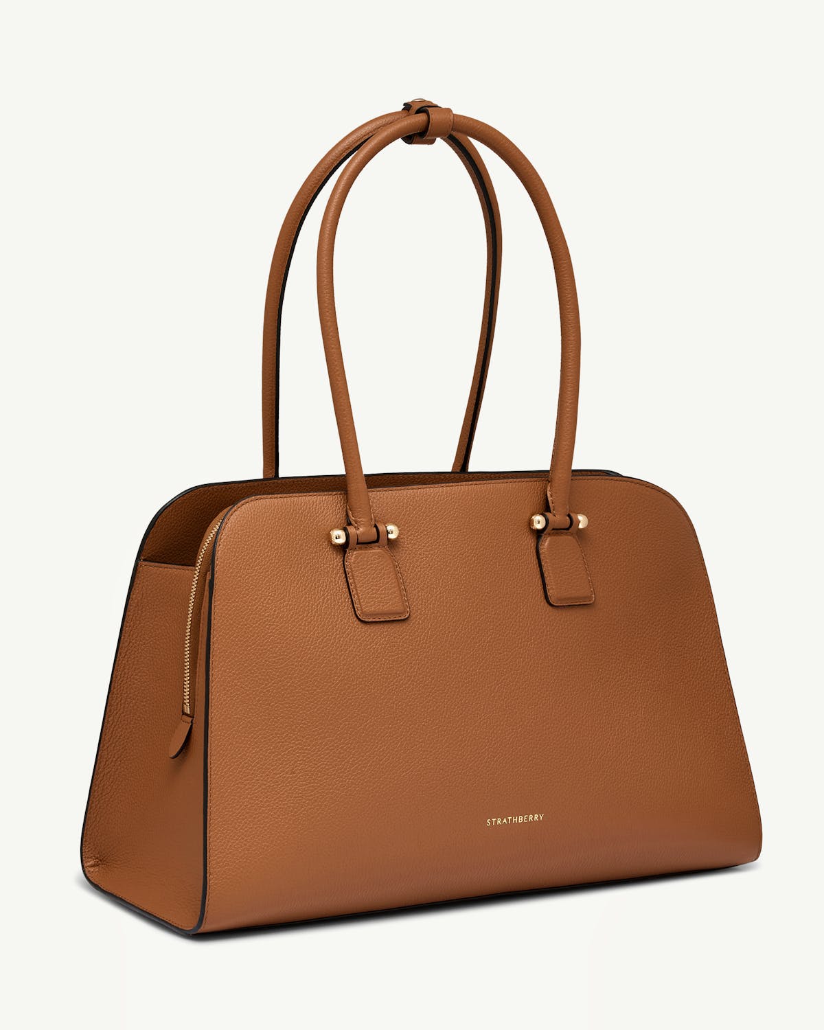 Tan leather tote bag with double top handles, gold hardware and Strathberry logo.