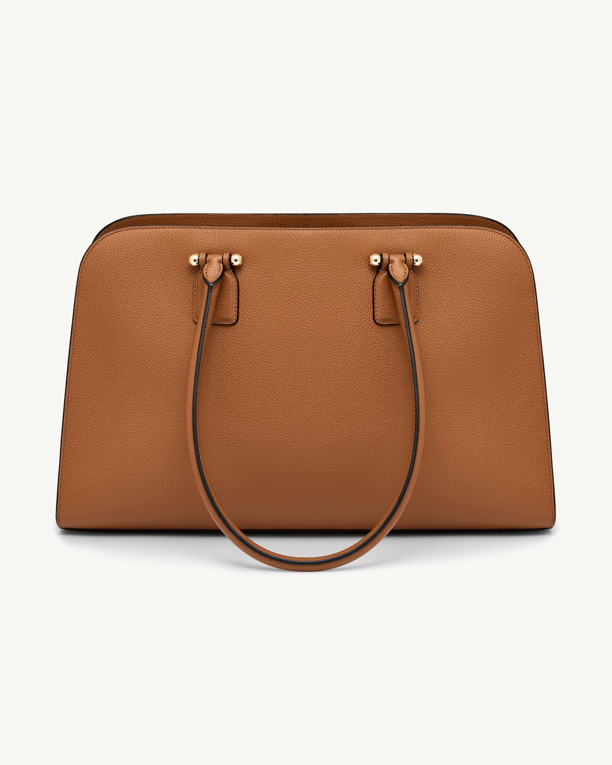 Tan leather tote bag with pebbled texture, rounded top handles and gold hardware.