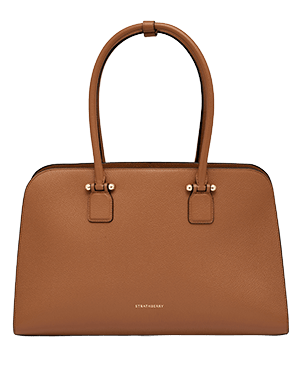 Tan leather Georgia Maxi tote with double handles and gold Strathberry logo