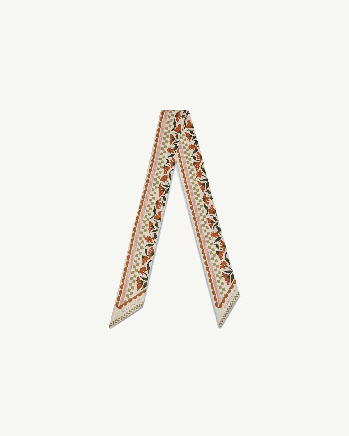 Strathberry silk skinny scarf, vanilla with red gingham stripe and floral border.