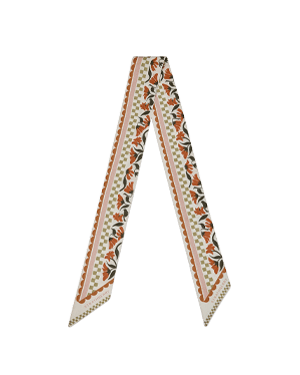 Silk skinny scarf in vanilla and red gingham stripe pattern.