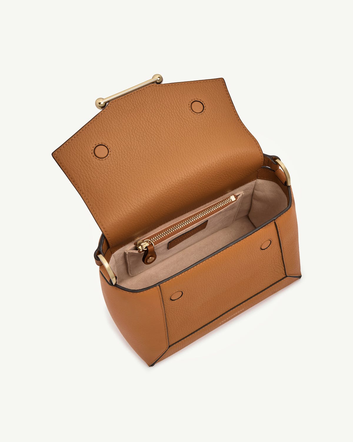 Honey mosaic bag with open flap, beige interior and gold hardware.