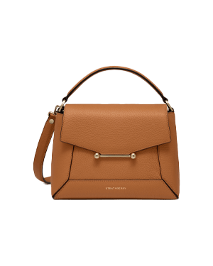 Honey leather mosaic bag with top handle, shoulder strap and gold bar detail, Strathberry.