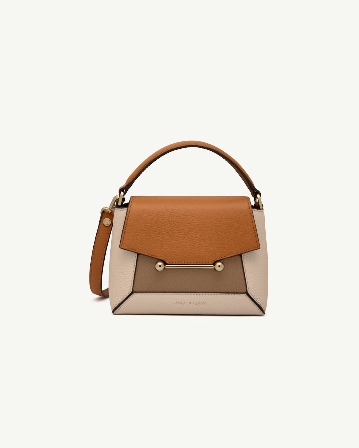 Strathberry Mosaic Nano bag in oat, honey and clay with top handle.