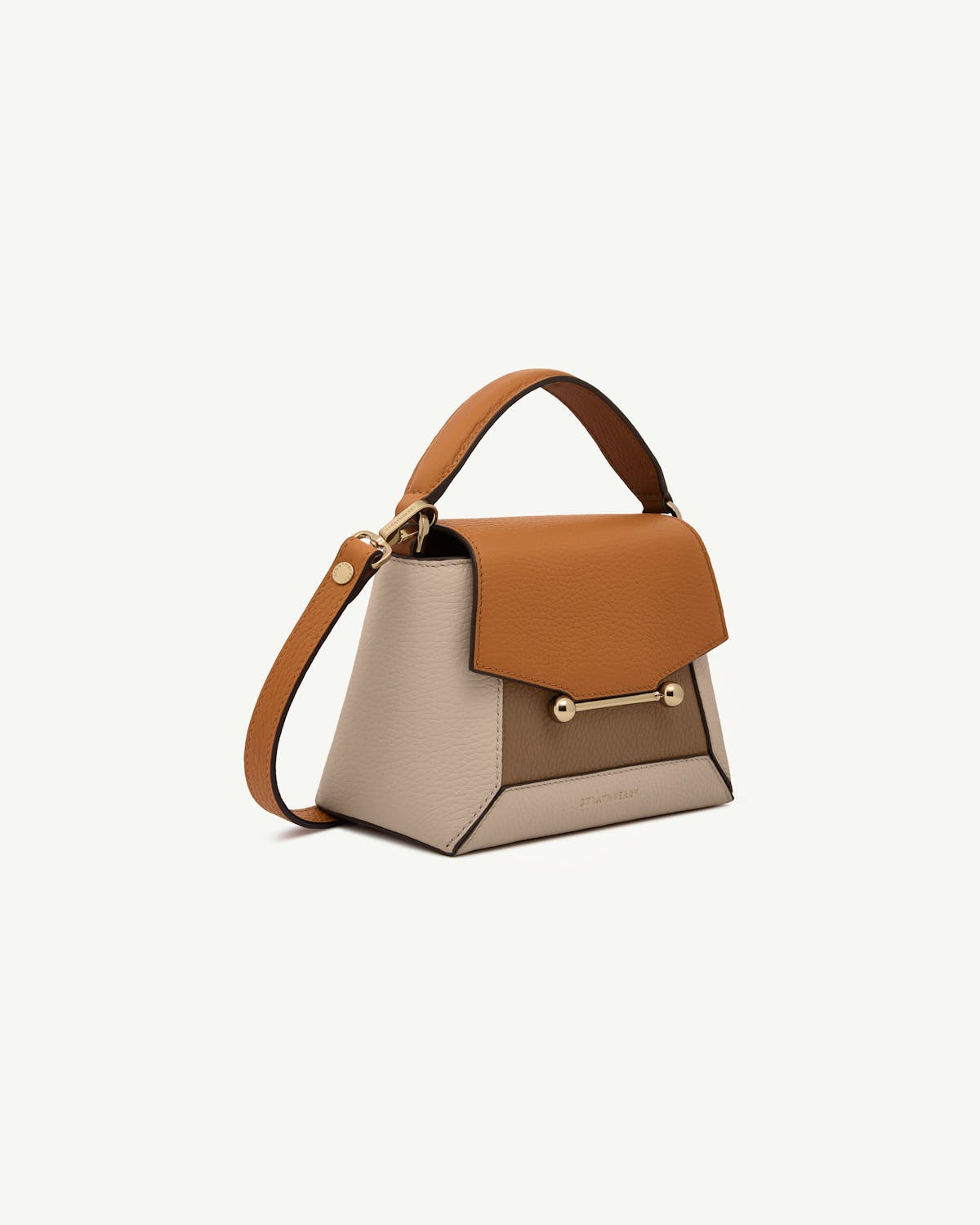 Small tricolour top-handle bag with oat, honey and clay leather panels.