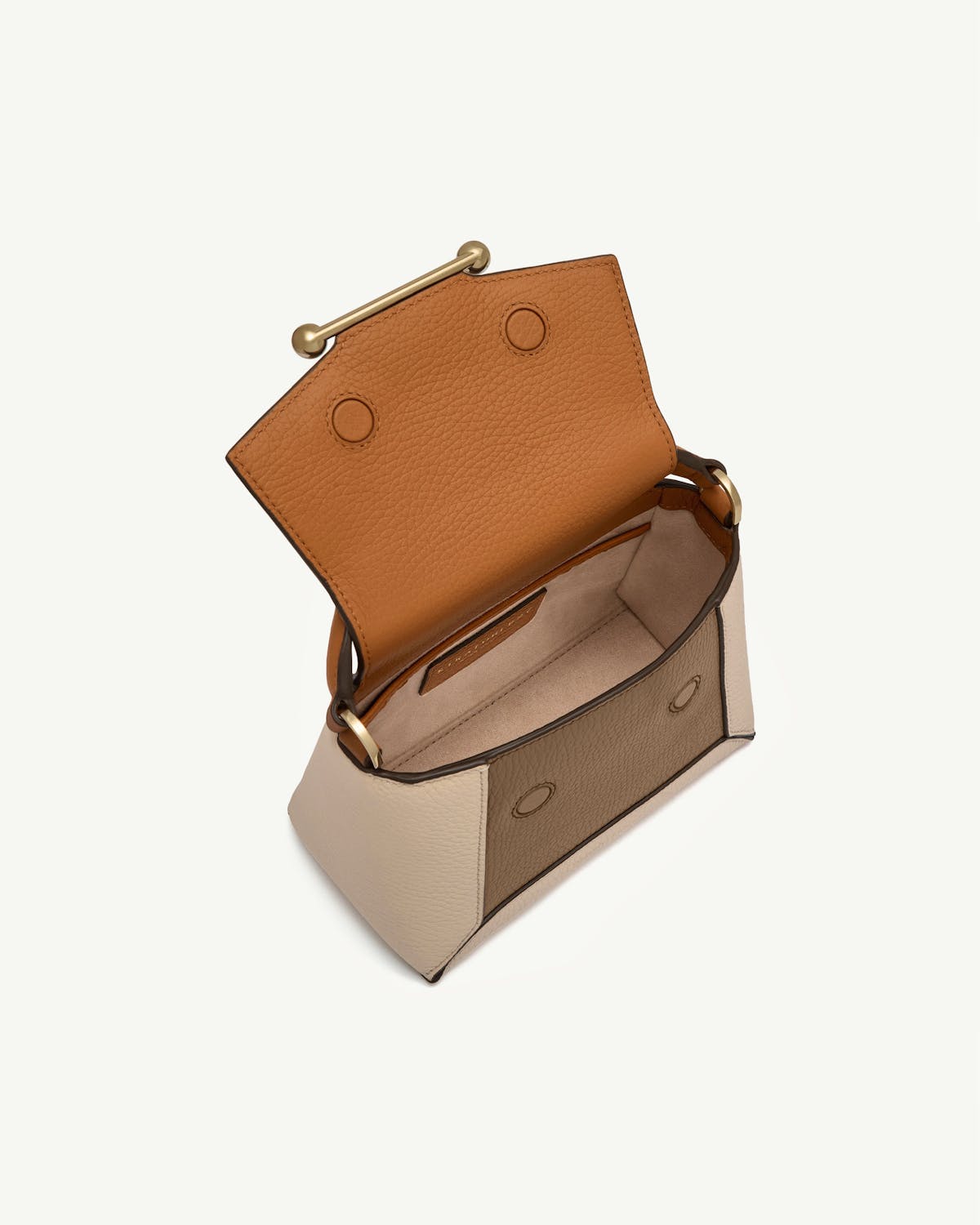 Open-top colour-block leather bag in oat, honey and clay tones with gold bar