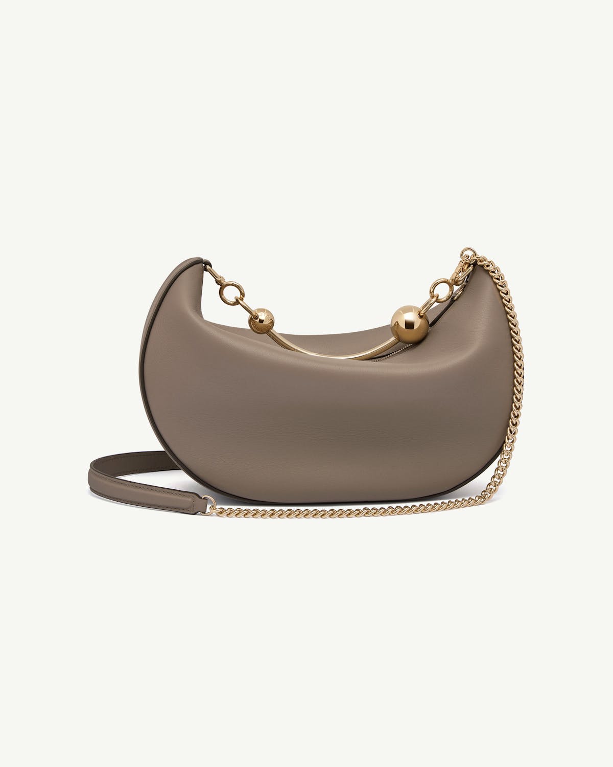 Taupe crescent moon leather shoulder bag with gold chain and ball hardware