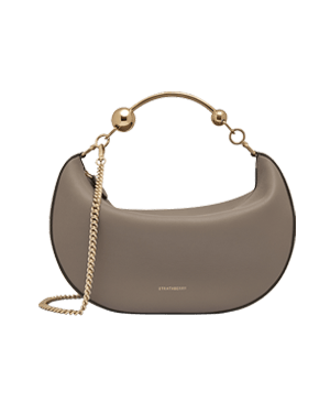 Taupe crescent moon bag with gold handle, chain strap and Strathberry logo