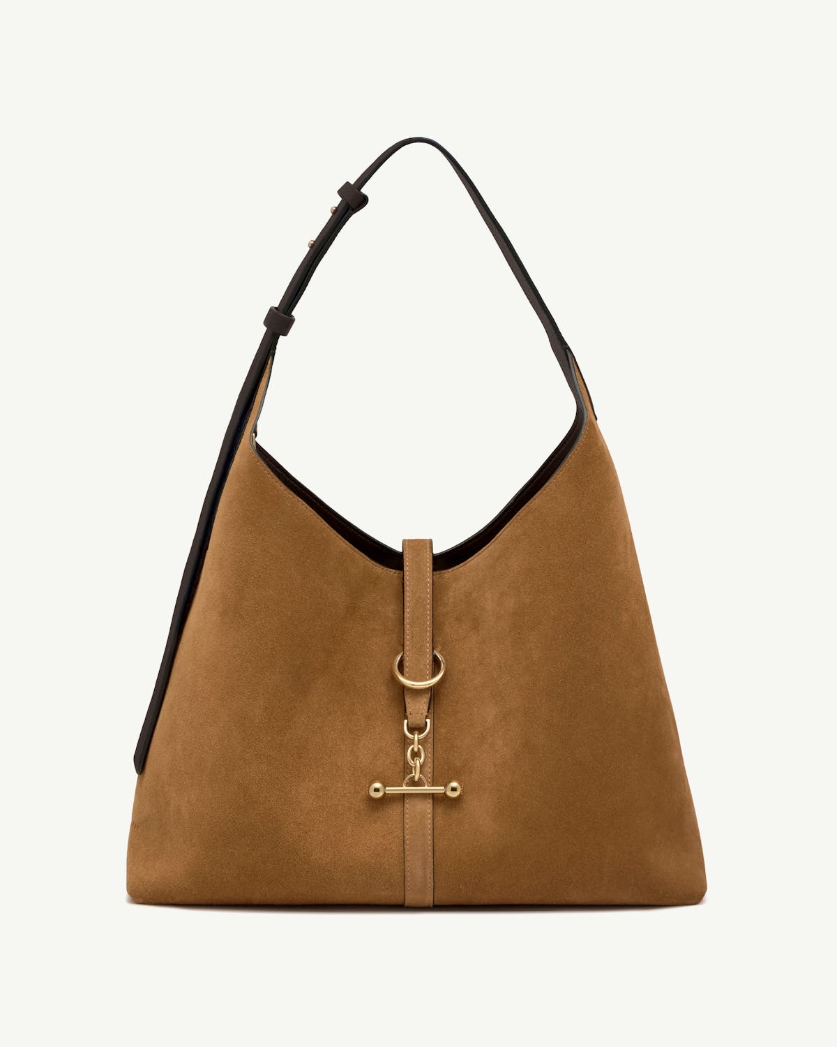 Toffee suede hobo bag with espresso leather strap and gold toggle hardware