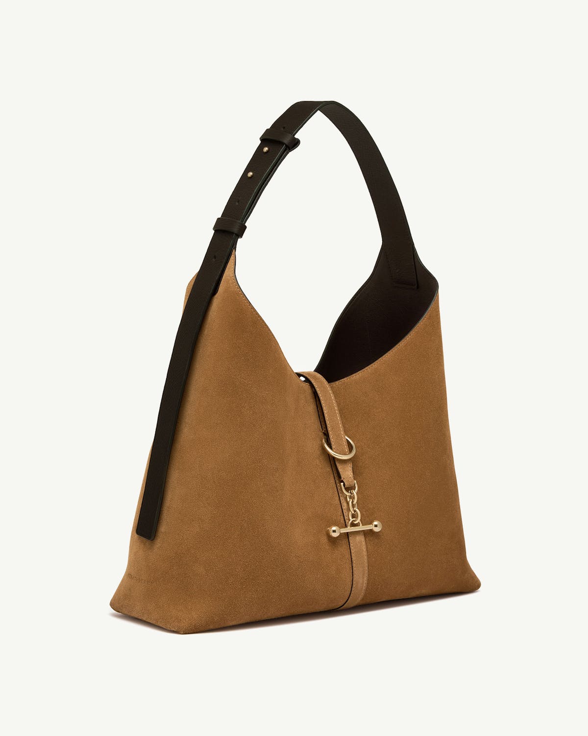 Toffee suede hobo bag with espresso leather strap and gold toggle hardware.