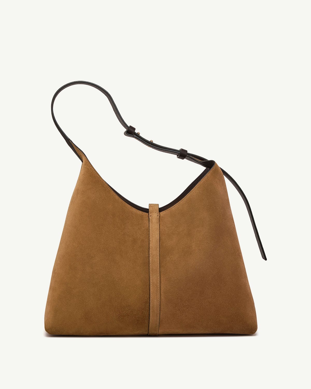 Toffee suede hobo bag with espresso leather strap and centre seam detail.