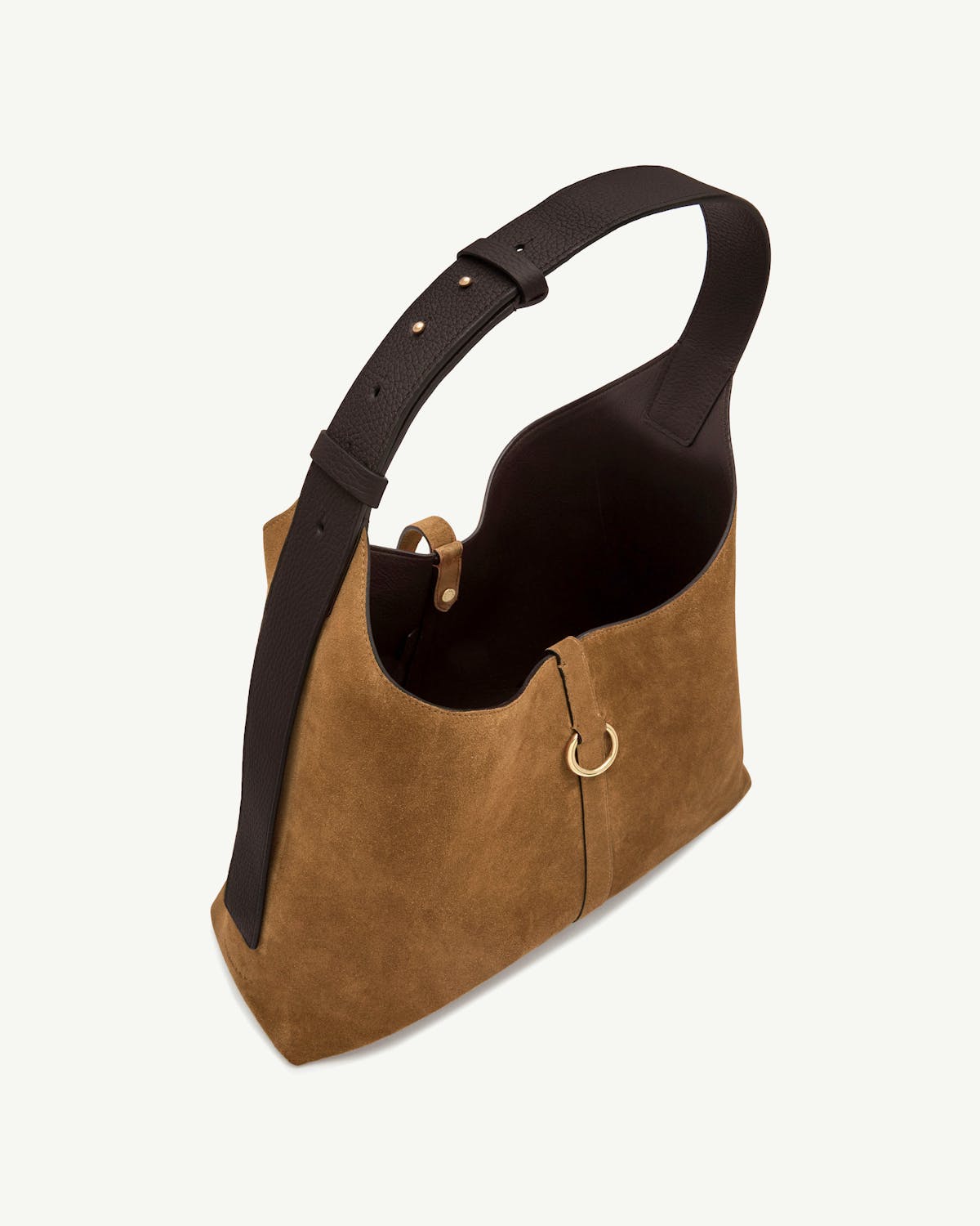 Toffee suede hobo bag with espresso leather strap and gold ring detail.