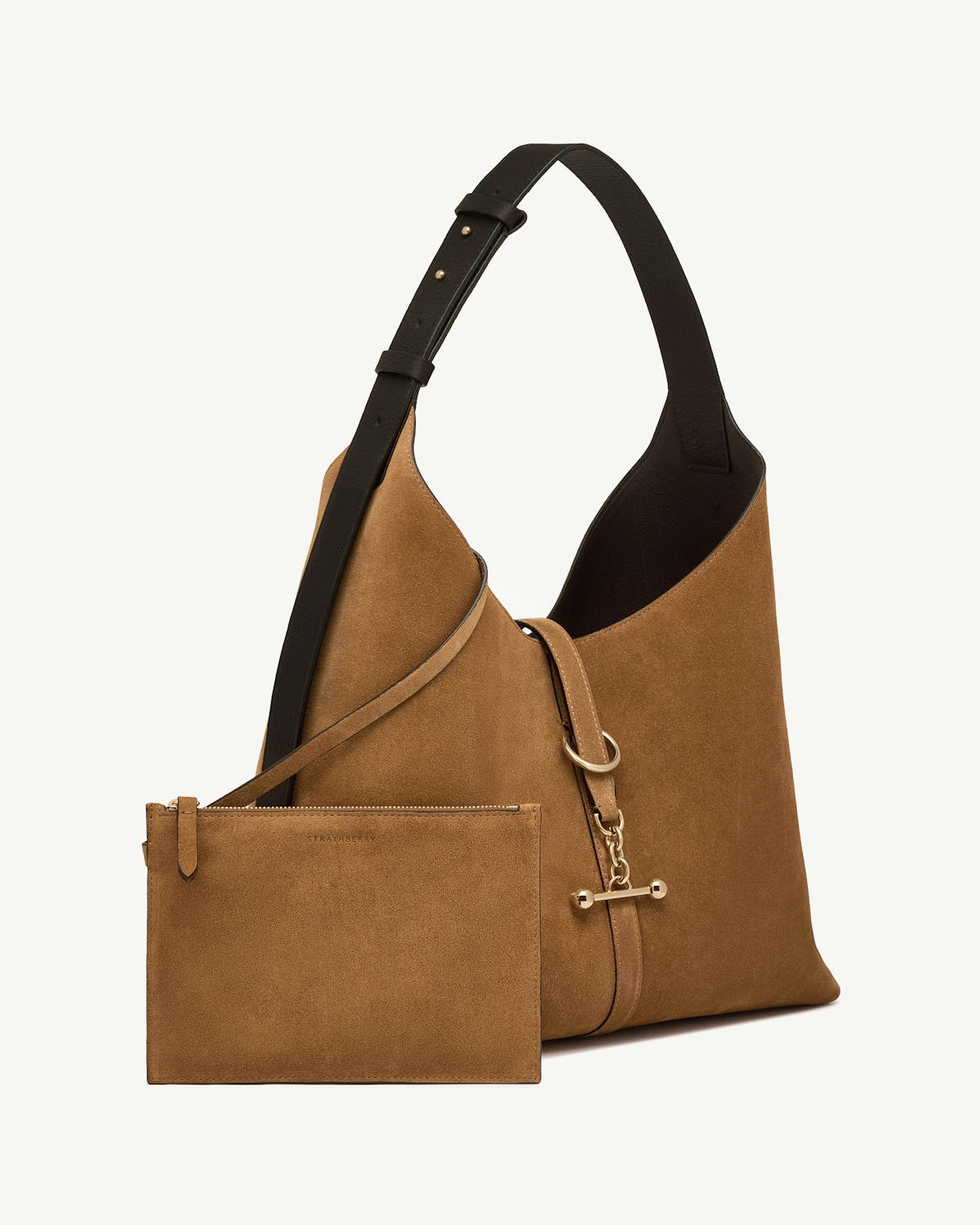 Toffee suede Kite Hobo Maxi with espresso strap and pouch, Strathberry logo.