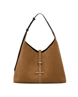 Toffee suede hobo bag with espresso trim and gold ring fastening.