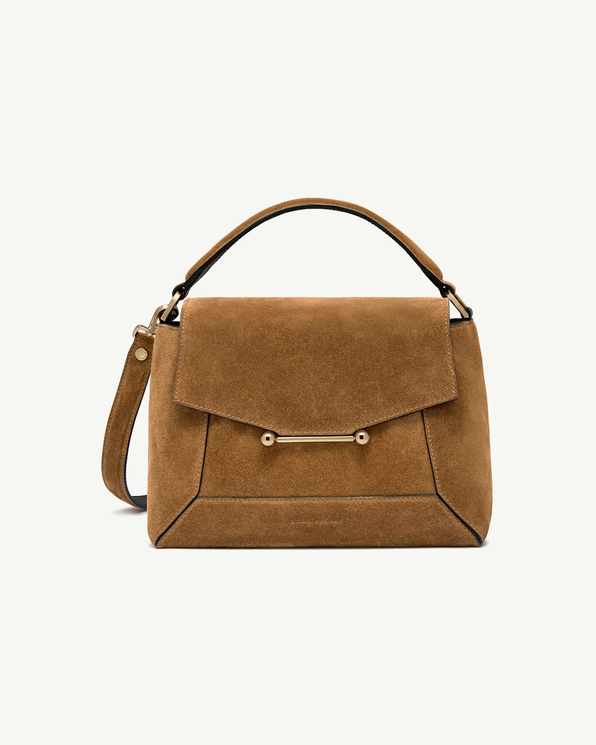 Strathberry toffee suede mosaic bag with top handle and gold bar hardware.