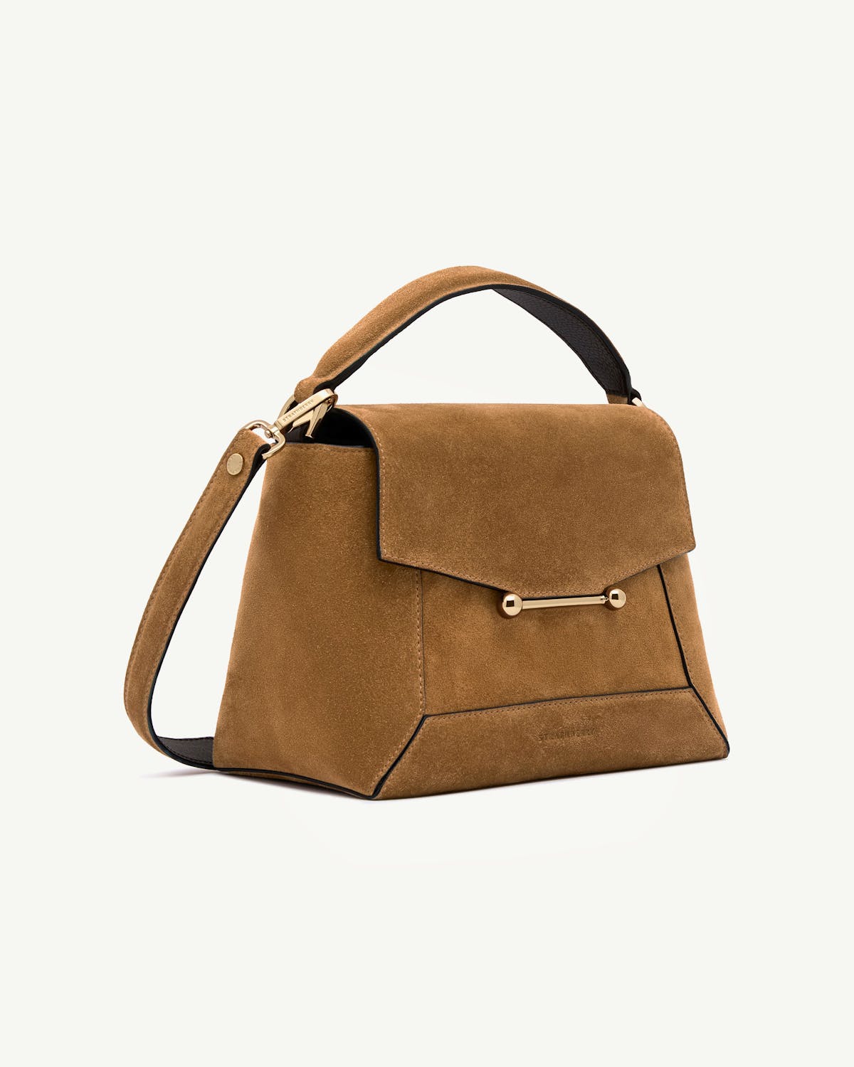 Toffee suede Mosaic bag with espresso trim, top handle and gold bar detail