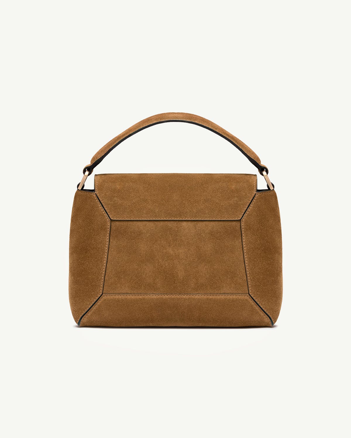 Toffee suede and espresso mosaic bag with top handle, geometric panelling
