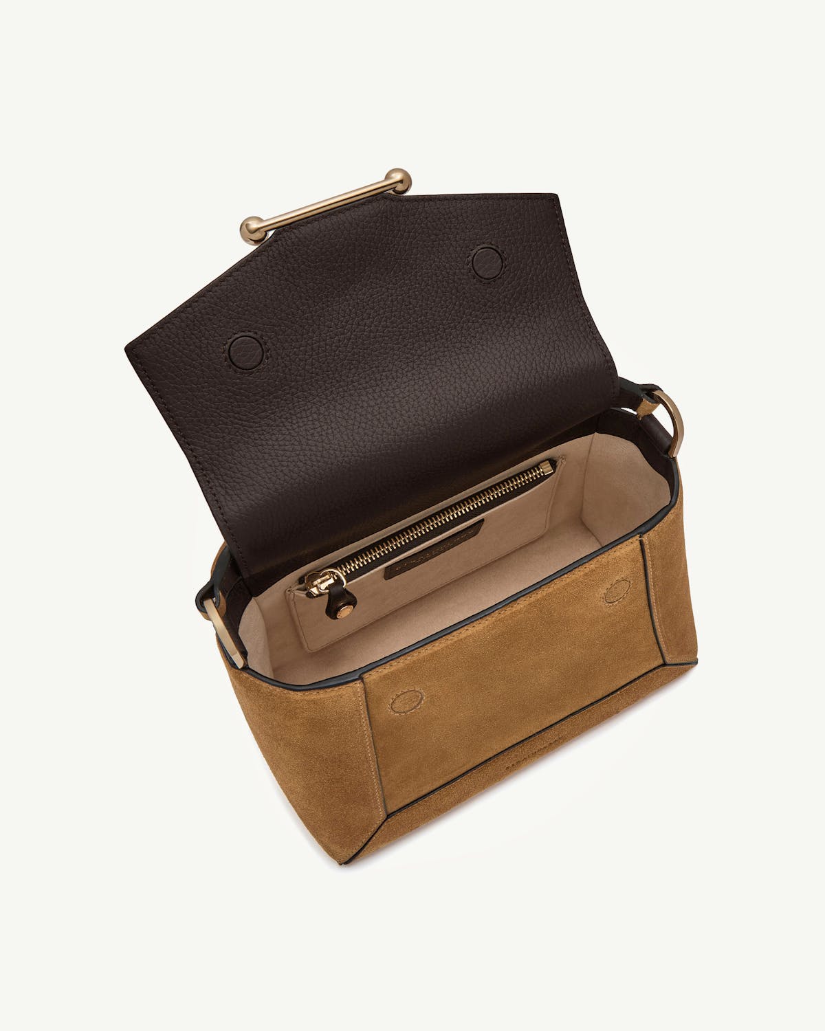 Mosaic bag in toffee suede with espresso leather flap, open interior, zip pocket, gold hardware.