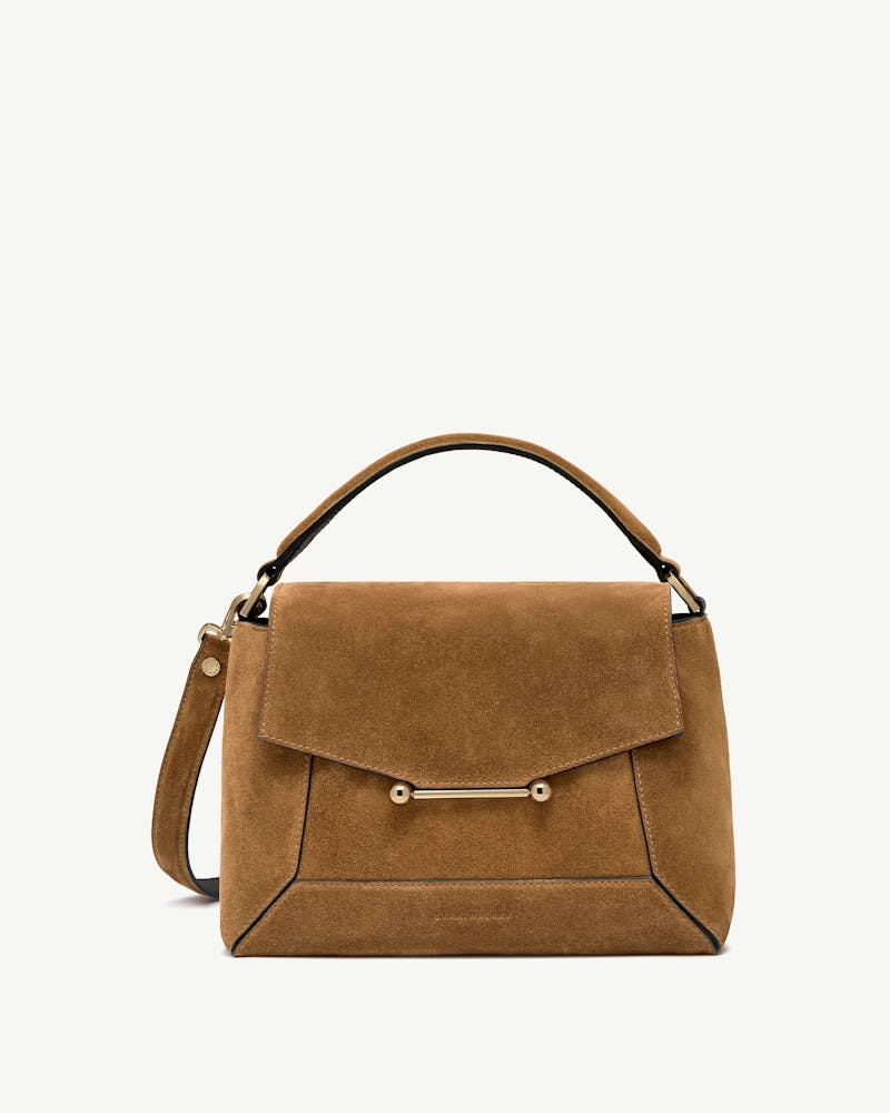 Toffee suede mosaic bag with espresso trim, top handle and front flap.