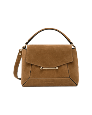 Toffee suede mosaic bag with top handle, detachable strap and metal bar detail.