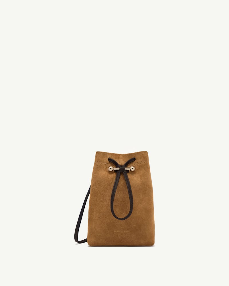 Strathberry Osette midi pouch in toffee suede with espresso drawstring and shoulder strap
