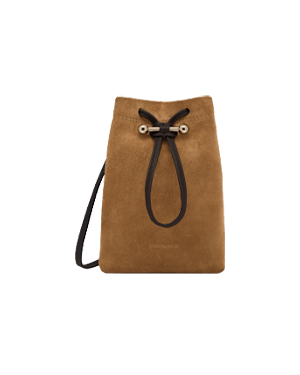 Toffee suede midi pouch with espresso leather drawstring and gold hardware.