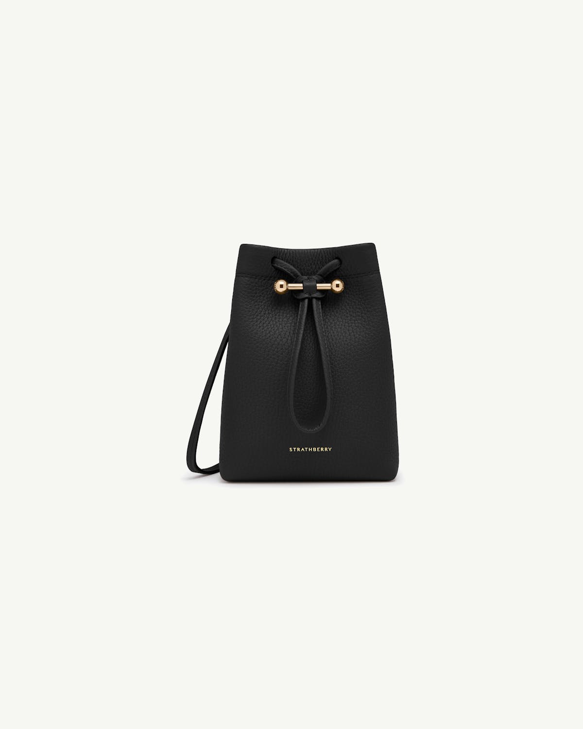 Black Osette Midi Pouch with drawstring and gold bar, Strathberry logo.