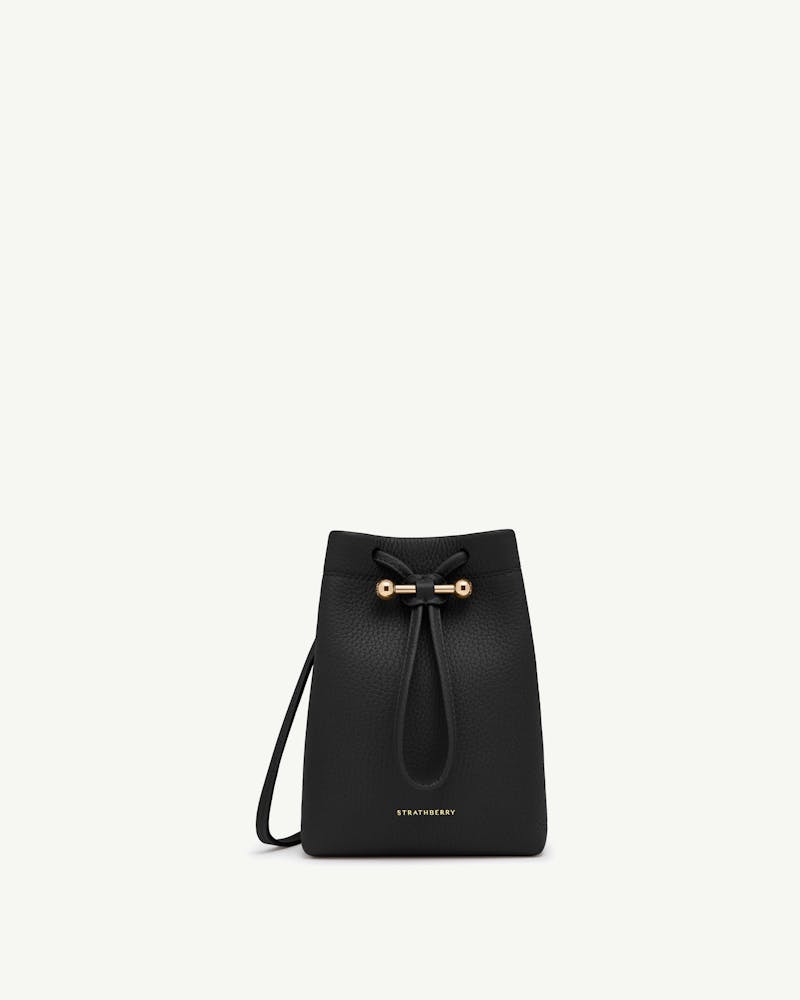 Black Strathberry Osette midi pouch with drawstring and gold bar closure