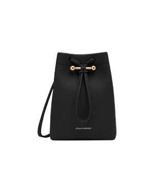 Black Strathberry midi pouch in pebbled leather with drawstring closure and shoulder strap.