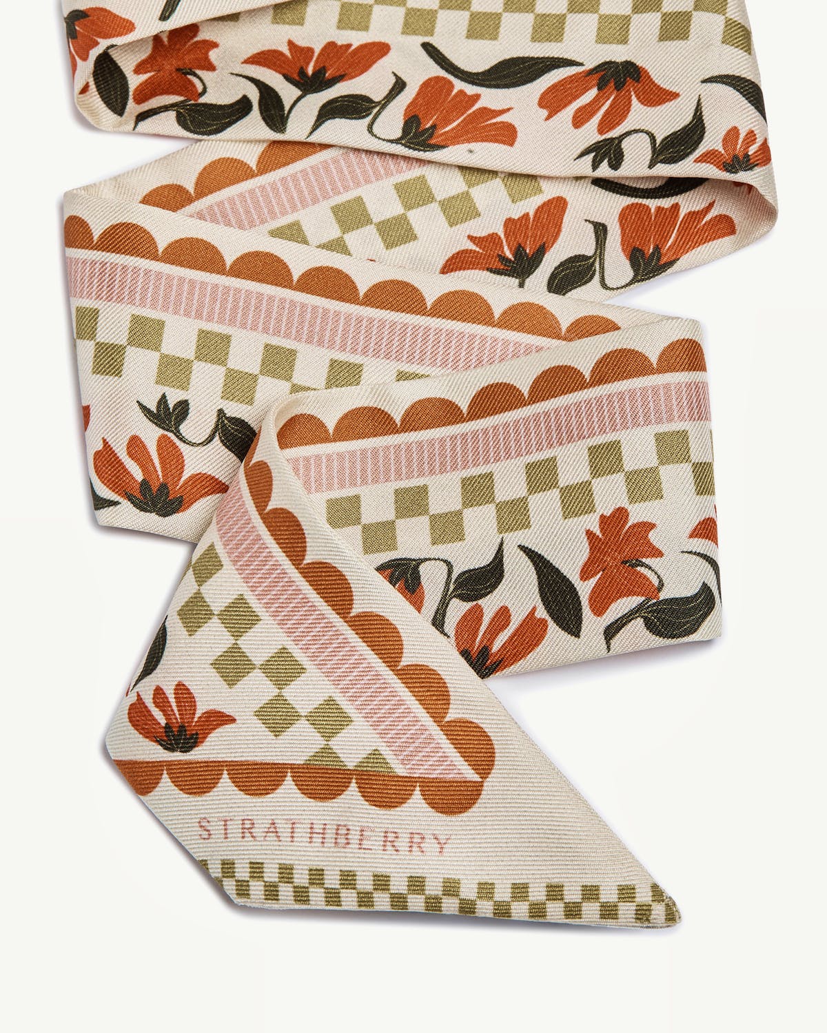 Strathberry silk skinny scarf in vanilla with red gingham stripe and floral print.