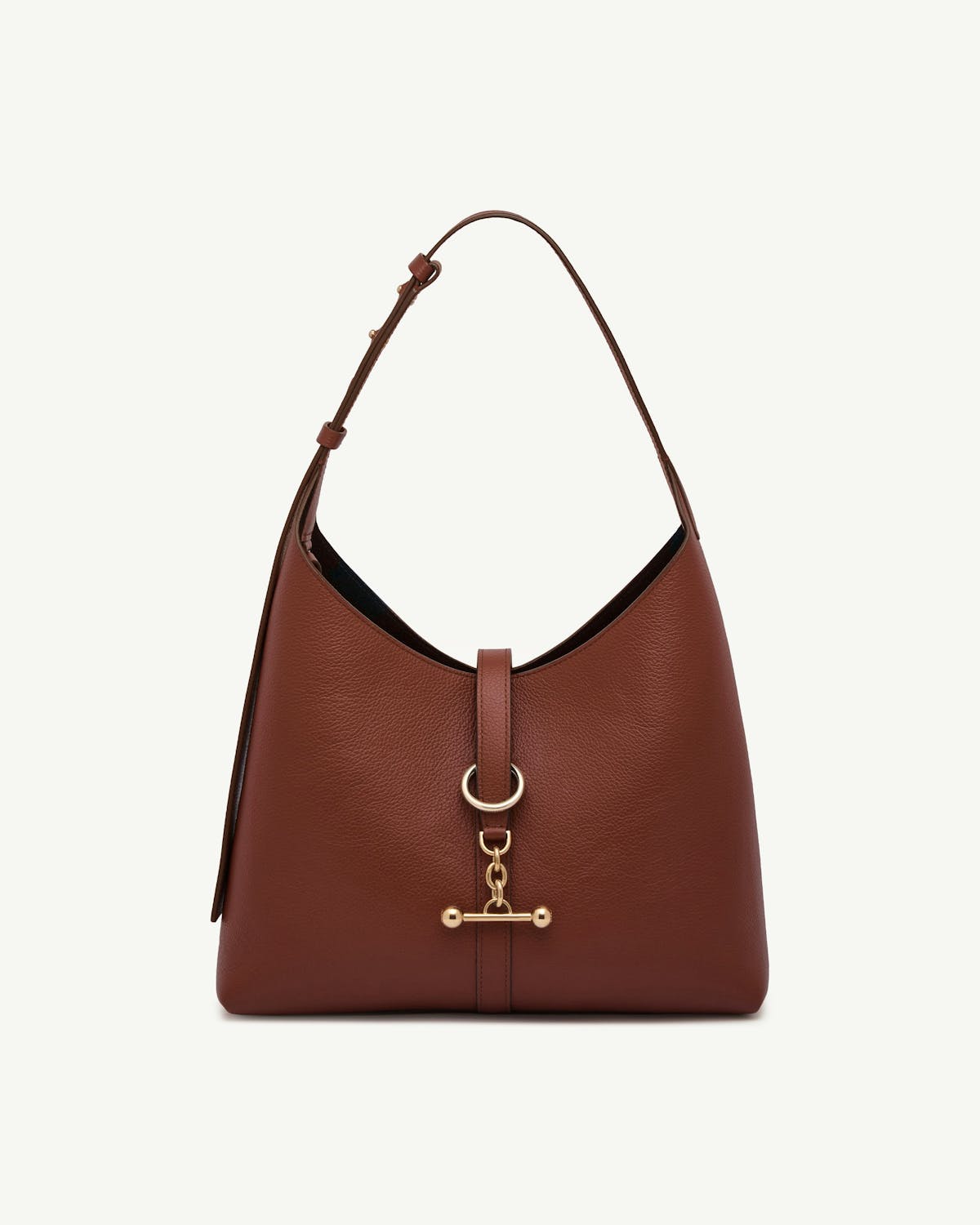 Walnut leather kite hobo bag with top handle and gold chain toggle.