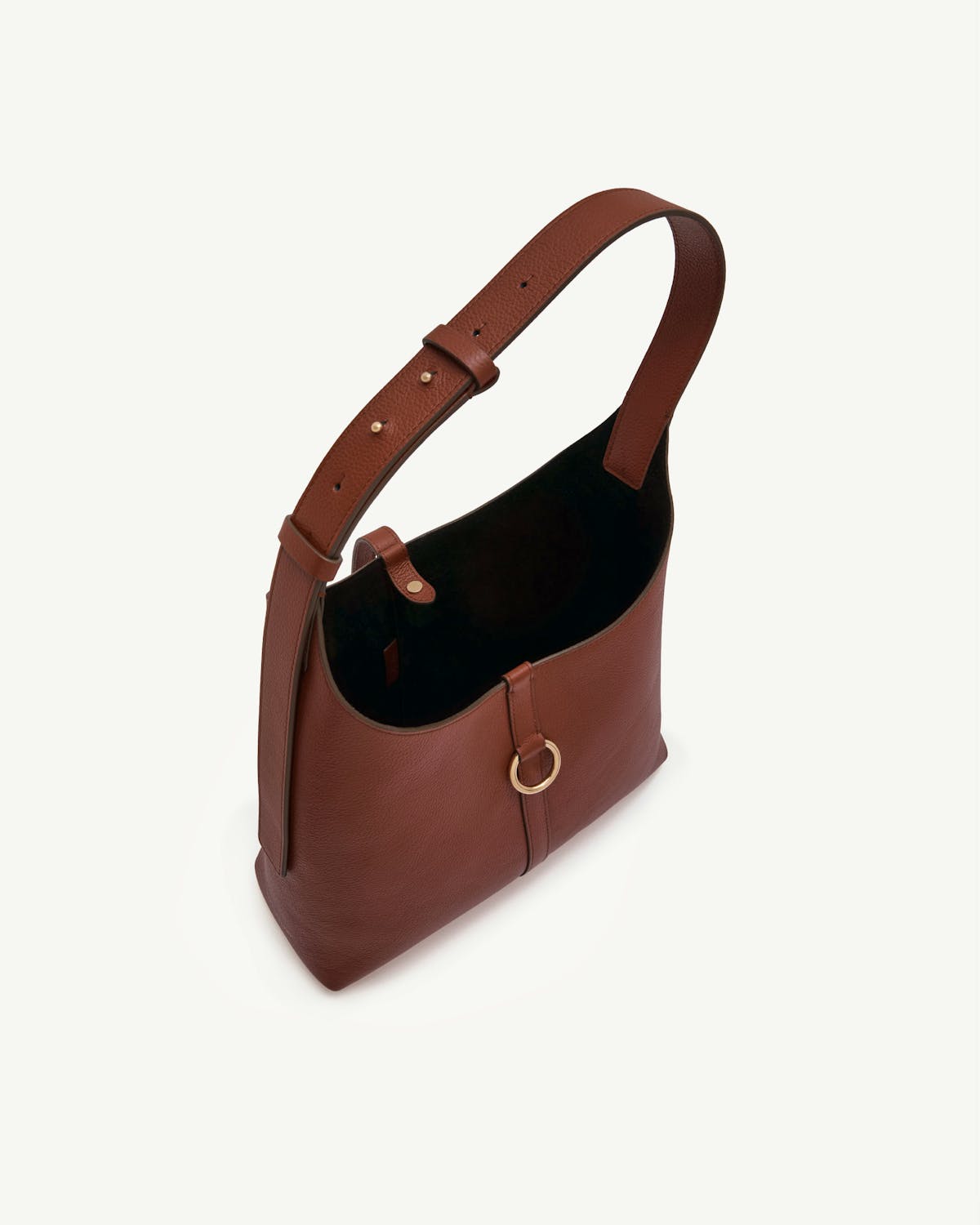 Walnut kite hobo bag with adjustable shoulder strap and gold ring detail.