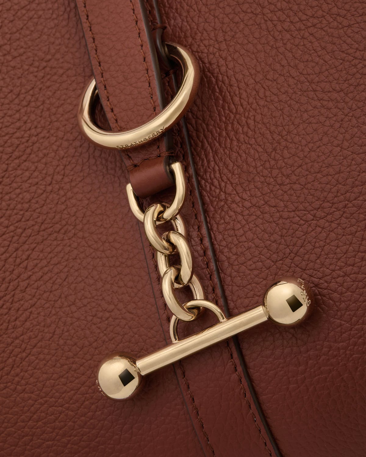 Close-up of walnut leather bag showing gold chain, toggle and Strathberry ring.