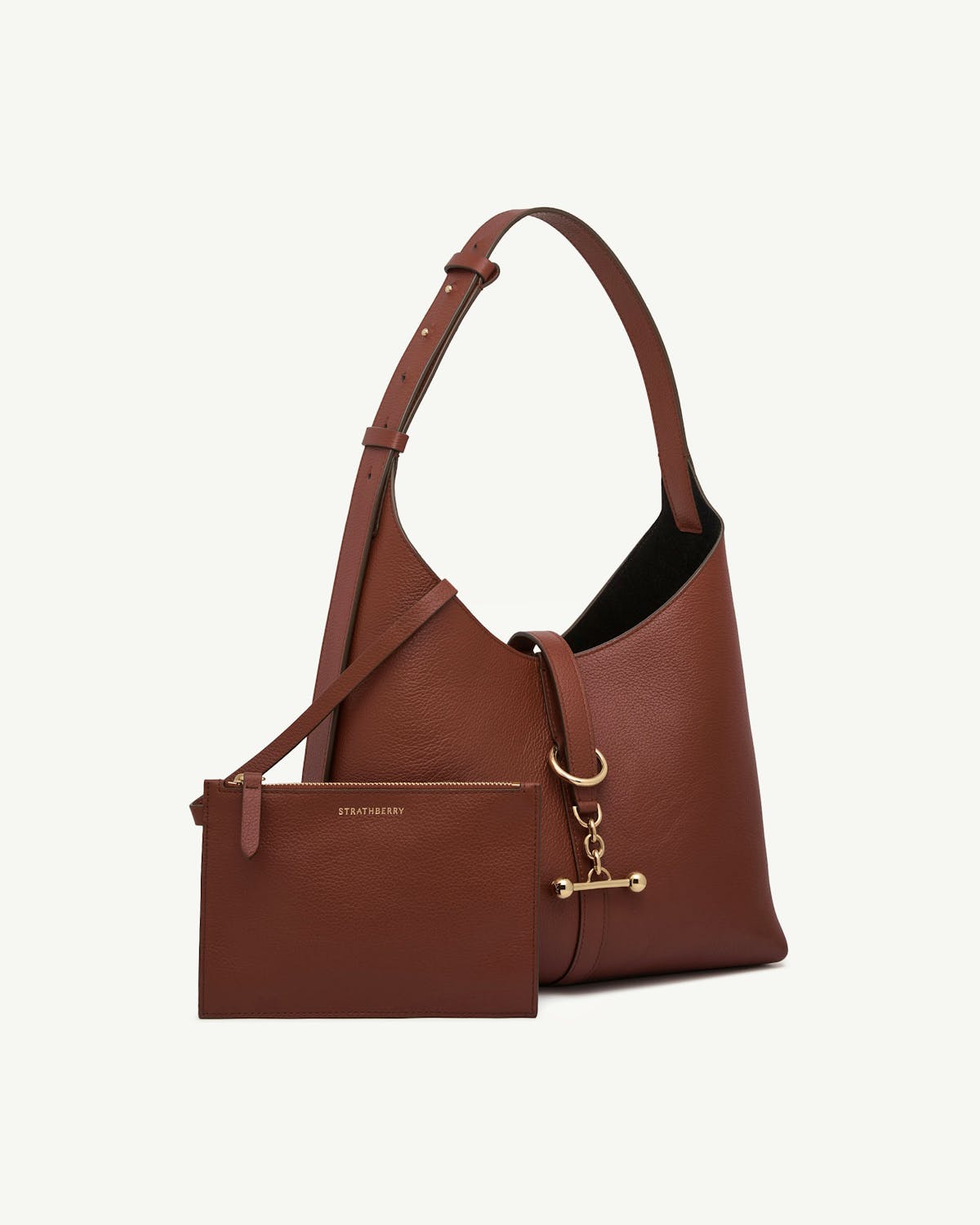 Strathberry Kite Hobo bag in walnut with detachable pouch and gold hardware.