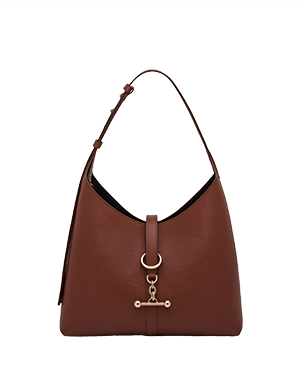 Walnut leather kite hobo bag with single top handle and gold ring T-bar closure