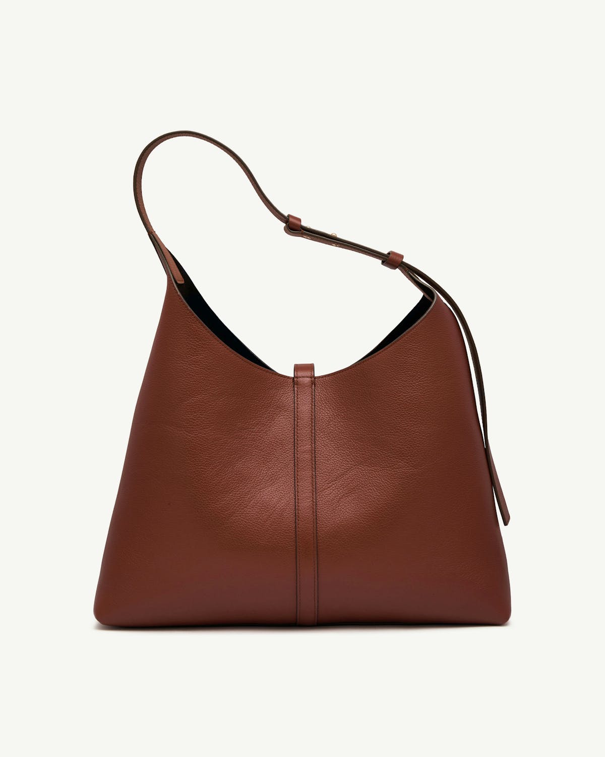 Walnut leather hobo bag with single shoulder strap and central vertical seam
