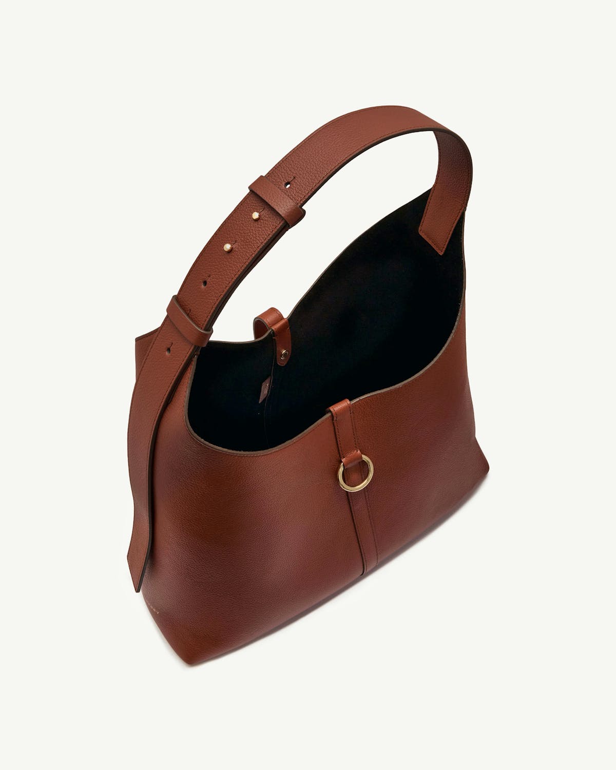 Kite Hobo Maxi walnut leather bag with adjustable strap and gold ring, black interior.