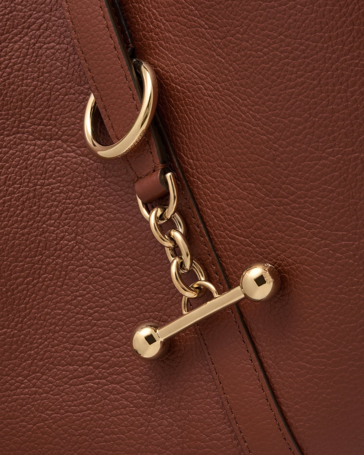 Walnut pebbled leather with gold chain and bar toggle clasp