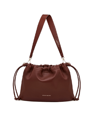 Walnut leather drawstring shoulder bag with wide strap and Strathberry logo