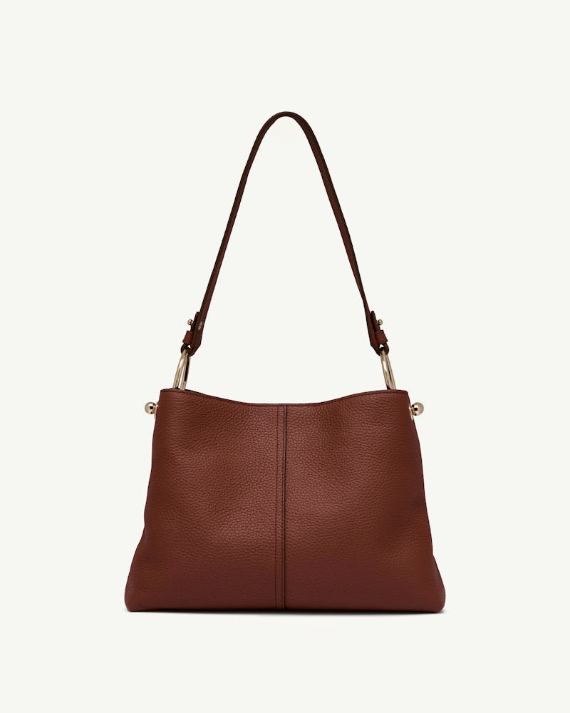 Walnut hobo bag in pebbled leather with shoulder strap and gold rings