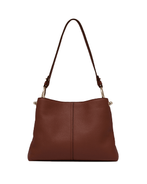 Walnut leather hobo bag with single shoulder strap and central seam detail.