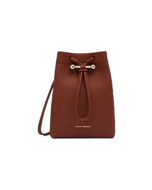 Walnut Strathberry midi pouch with drawstring closure and shoulder strap