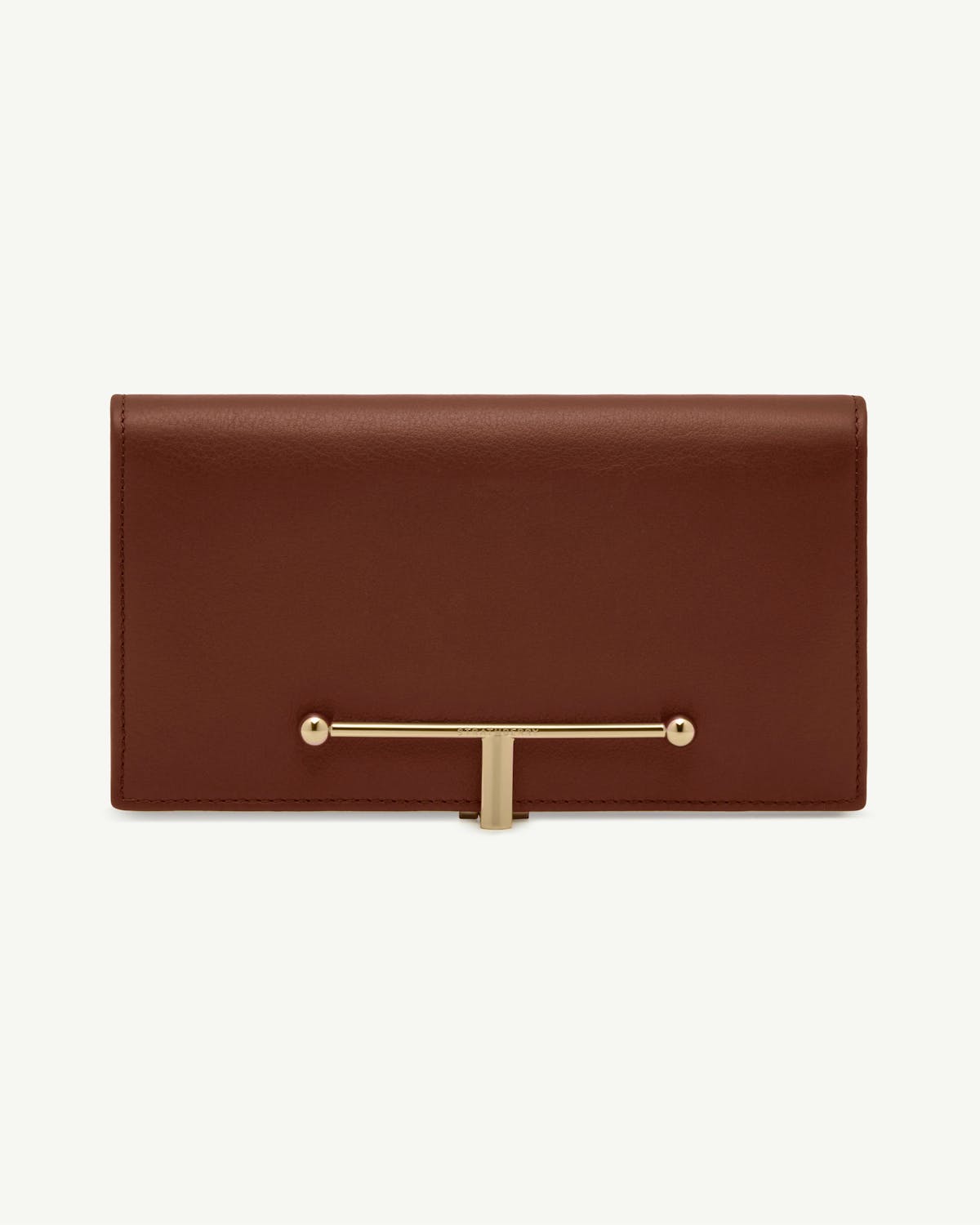 Walnut leather large Melville Street wallet with gold T-bar clasp.
