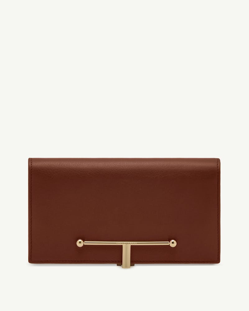 Walnut large leather wallet with gold T-bar closure engraved Strathberry