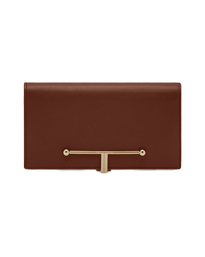 Walnut leather large wallet with gold T-bar closure and rectangular flap.