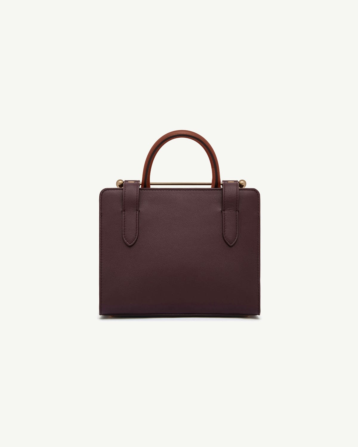 Burgundy mini tote with chestnut top handles and gold-tone bar detail.