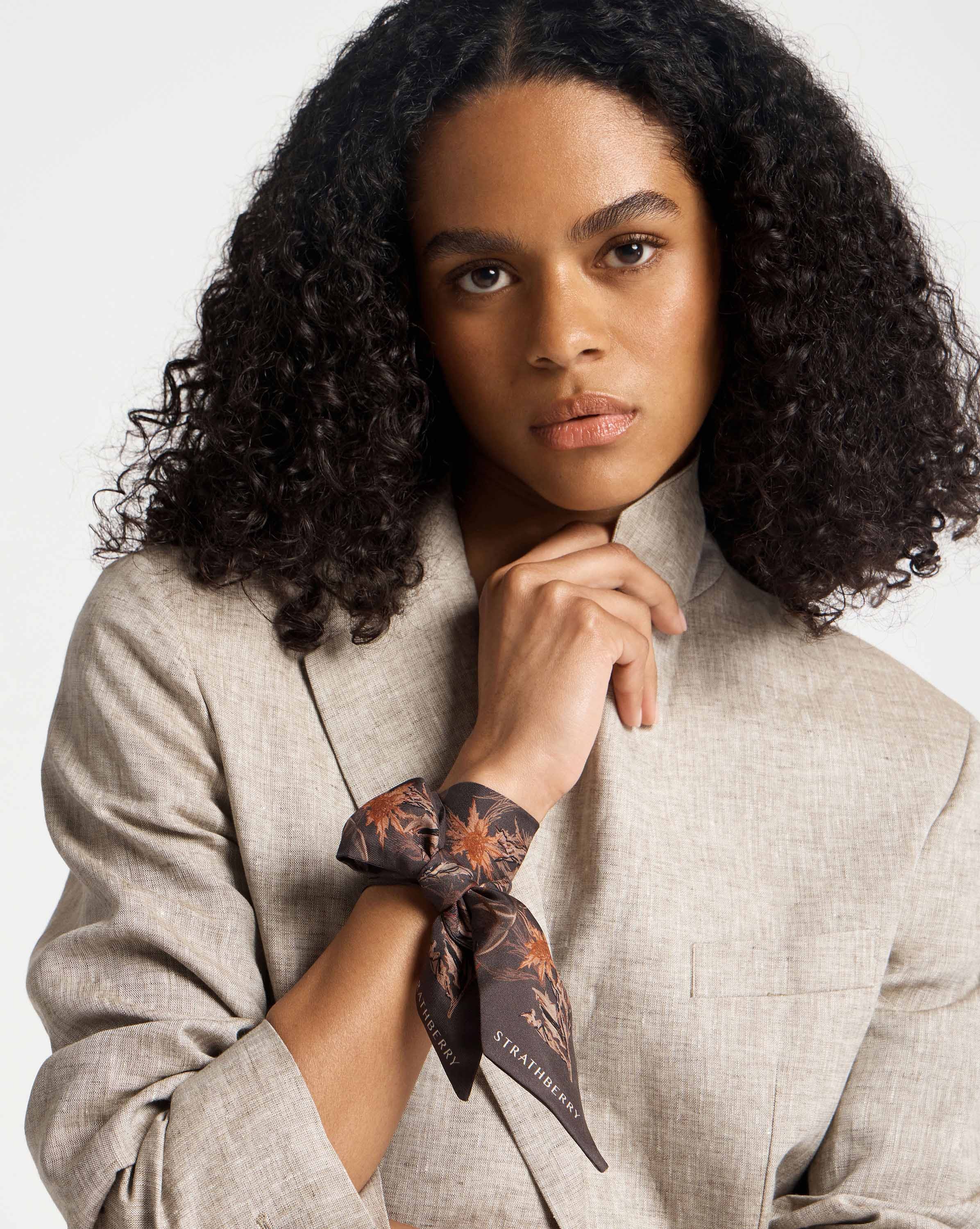 Silk Skinny Scarf - Espresso Thistle Print | Strathberry