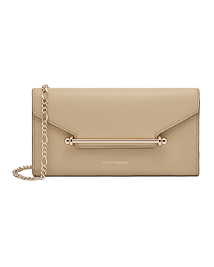 Strathberry Multrees chain wallet in sand with gold chain and bar detail